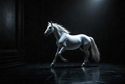 The primary subject of the image is a white horse with a flowing mane, standing in a dark room. The setting appears to be a studio or a darkened room, possibly for a photoshoot or a performance. The visual style of the image is a black and white photo, which adds a dramatic and artistic touch to the scene. The horse's white color and the contrasting darkness of the room create a striking and captivating image.