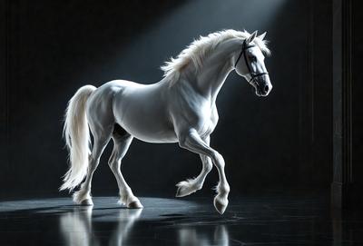 Primary subject: White horse with black mane and bridle.

Setting/background: A dark room with a light source shining on the horse.

Visual style: Digital art.

Colors and mood: The horse is predominantly white, and the overall atmosphere is dramatic and captivating.