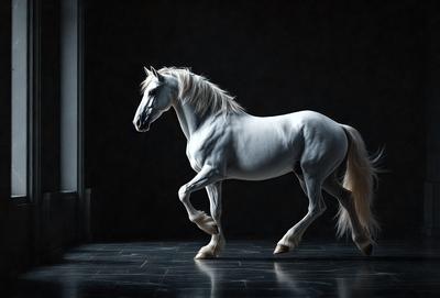 Primary subject: A white horse with a flowing mane.

Setting/background: A dark room with a window.

Visual style: A black and white photo.

Colors and mood: The image is black and white, giving it a classic and timeless feel. The horse's white fur stands out against the dark background, creating a striking contrast.