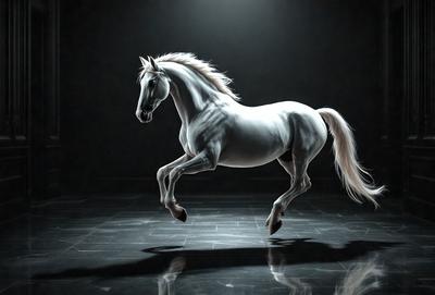 Primary subject: A white horse with a flowing mane.

Setting/background: A dark room with a black background.

Visual style: A digital art or illustration.

Colors and mood: The image is in black and white, giving it a classic and timeless feel.