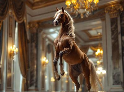 The primary subject of the image is a brown horse standing in a room with a mirrored surface. The horse appears to be walking or running in the room, possibly in front of a large mirror. The setting is indoors, with the horse being the main focus of the scene. The visual style of the image is a photo, capturing the horse in its natural environment. The colors in the image are predominantly brown, giving the scene a warm and natural atmosphere.