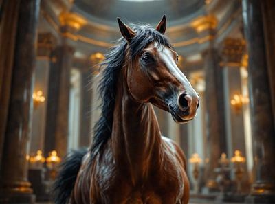 Primary subject: A brown horse with a black mane.

Setting/background: The horse is standing in a large, ornate room with a high ceiling.

Visual style: The image is a digital art or illustration of the horse.

Colors and mood: The horse has a brown coat, and the room has a grand and majestic atmosphere.
