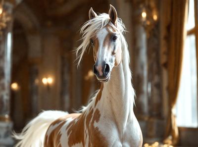 The primary subject of the image is a brown and white horse with a blonde mane. The horse is standing in a room with a marble floor, which serves as the setting for the scene. The visual style of the image is a photo, capturing the horse in its natural environment. The colors and mood of the image are warm and inviting, with the horse's blonde mane adding a touch of elegance to the scene.