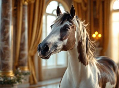 The primary subject of the image is a brown and white horse with a flowing mane. The horse is standing in a room with a large window, and it appears to be looking at the camera. The setting is indoors, with a potted plant visible in the room. The visual style of the image is a combination of photo and digital art, creating a realistic yet artistic representation of the horse. The colors and mood of the image are warm and inviting, with the horse's brown and white fur contrasting