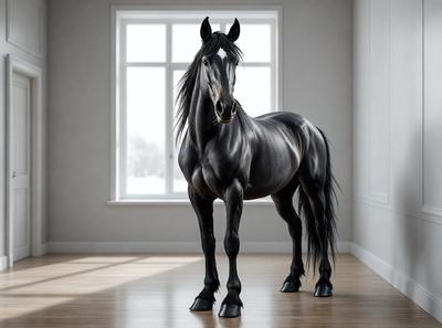 Primary subject: A black horse standing in a room.

Setting/background: The horse is standing in a room with a window in the background.

Visual style: The image is a digital art or illustration of a horse.

Colors and mood: The horse is black, and the overall atmosphere is calm and focused.
