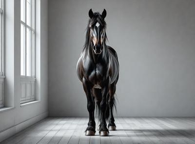Primary subject: A black horse standing in a white room.

Setting/background: The horse is standing in a white room, which appears to be a studio or a room with a white wall.

Visual style: The image is a black and white photo.

Colors and mood: The black and white photo creates a classic and timeless atmosphere. The white room adds a sense of simplicity and cleanliness to the scene.