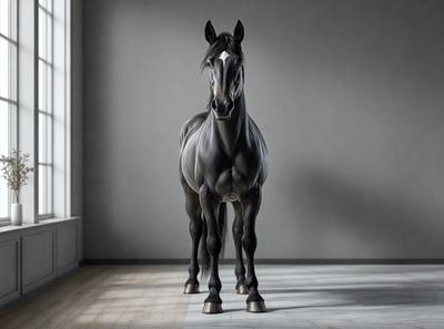 Primary subject: A black horse standing in a room.

Setting/background: The horse is standing in a room with a white wall.

Visual style: The image is a digital art or illustration of a horse.

Colors and mood: The image has a black and white color scheme, giving it a classic and timeless feel.