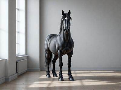 Primary subject: A black horse standing in a white room.

Setting/background: The horse is standing in a white room, which appears to be a studio or a room with a white wall.

Visual style: The image is a digital art or illustration of a horse.

Colors and mood: The dominant colors are white and black, creating a clean and minimalist atmosphere.