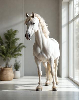 The primary subject of the image is a white horse standing in a room. The horse is positioned in the center of the scene, and it appears to be the main focus of the image. The setting is a room with a window, and the visual style is a realistic representation of the horse. The colors in the image are predominantly white, giving the scene a clean and serene atmosphere.