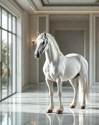 The primary subject of the image is a white horse standing in a large, white room. The setting appears to be a spacious, indoor environment, possibly a stable or a showroom. The visual style of the image is a high-quality photo, capturing the horse's beauty and elegance. The colors in the image are predominantly white, giving the scene a clean and serene atmosphere.