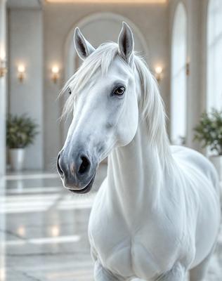 The primary subject of the image is a white horse standing in a room. The horse is the main focus of the image, and it appears to be looking at the camera. The setting is indoors, with the horse standing in front of a window. The visual style of the image is a digital art, which gives it a unique and artistic appearance. The colors in the image are predominantly white, which creates a clean and serene atmosphere.