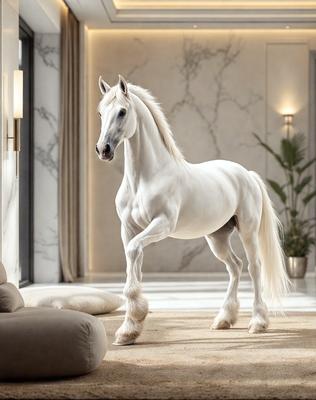 The primary subject of the image is a white horse standing in a room. The setting is indoors, with a couch visible in the background. The visual style appears to be a photo, capturing the horse in a realistic manner. The colors in the image are predominantly white, giving the scene a clean and serene atmosphere.