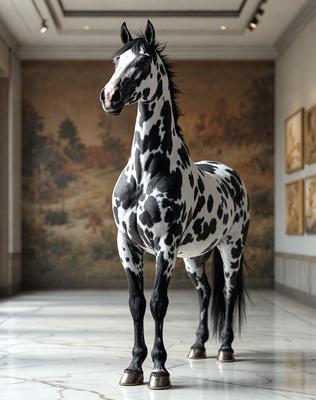 The primary subject of the image is a black and white spotted horse standing in a room. The horse is positioned in the center of the scene, and its presence creates a striking contrast against the room's background. The setting appears to be a museum or a gallery, as there are paintings on the walls behind the horse. The visual style of the image is a combination of photo and digital art, creating a unique and artistic representation of the horse. The colors and mood of the image are predominantly black and white,