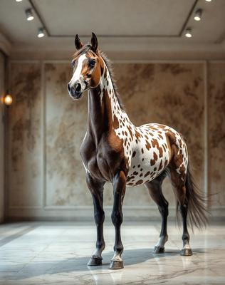 The primary subject of the image is a brown and white spotted horse standing in a room. The horse is positioned in the center of the scene, and its body is the main focus of the image. The setting appears to be a room with a wall, and the visual style is a photo. The colors in the image are predominantly brown and white, giving the scene a warm and natural atmosphere.