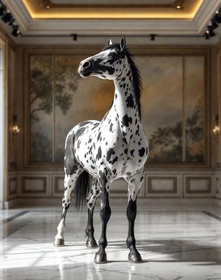 The primary subject of the image is a spotted horse standing in a room. The horse is positioned in the center of the scene, and it appears to be the main focus of the image. The setting is a room with a large painting in the background, which adds to the overall atmosphere of the scene. The visual style of the image is a combination of photo and digital art, creating a unique and eye-catching representation of the horse. The colors and mood of the image are predominantly black and white, giving it a