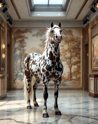 The primary subject of the image is a brown and white spotted horse standing in a room. The horse is positioned in the center of the scene, and its presence creates a sense of elegance and grace. The setting appears to be a room with a painting in the background, which adds to the overall atmosphere of the image. The visual style of the image is a combination of photo and digital art, creating a unique and captivating representation of the horse. The colors and mood of the image are predominantly warm and inviting