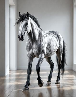 Primary subject: A horse standing in a room.

Setting/background: The horse is standing in a room with a white wall.

Visual style: The image is a black and white photo.

Colors and mood: The image has a monochromatic color scheme, giving it a classic and timeless feel.