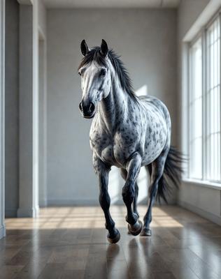 Primary subject: A horse
Setting/background: A white room with a window
Visual style: Digital art
Colors and mood: The horse is black and white, and the overall atmosphere is calm and serene.