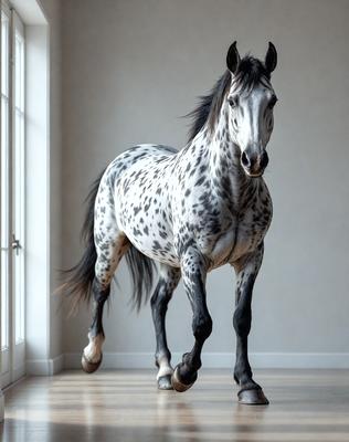 Primary subject: A horse with a spotted pattern.

Setting/background: A white wall.

Visual style: A photo of the horse.

Colors and mood: The horse has a black and white spotted pattern, and the overall atmosphere is calm and focused.
