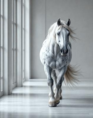 Primary subject: A white horse with a black mane and tail.

Setting/background: A white room with a large window.

Visual style: A black and white photo.

Colors and mood: The image is black and white, giving it a classic and timeless feel. The white horse stands out against the white room, creating a sense of elegance and grace.