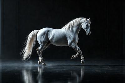 Primary subject: A white horse running on a dark surface.

Setting/background: The horse is running on a dark surface, possibly a black background or a dark room.

Visual style: The image is a black and white photo.

Colors and mood: The image has a monochromatic color scheme, with the white horse being the main focus. The dark surface adds a sense of drama and intensity to the scene.