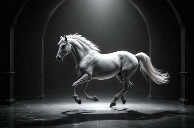 Primary subject: A white horse with a flowing mane.

Setting/background: A dark, empty room with a stone floor.

Visual style: Digital art.

Colors and mood: The horse is white, and the overall atmosphere is dramatic and captivating.