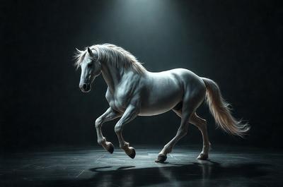 The primary subject of the image is a white horse with a flowing mane, standing in a dark room. The setting is a black background, which contrasts with the white horse, creating a striking visual effect. The visual style of the image is a combination of photo and digital art, as it captures the horse's movement and details in a realistic manner. The colors in the image are predominantly black and white, with the white horse being the main focus and the black background providing a dramatic and moody atmosphere.