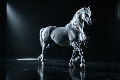 Primary subject: A white horse with a flowing mane.

Setting/background: A dark room with a light source shining on the horse.

Visual style: A black and white photo of the horse.

Colors and mood: The image has a monochromatic color scheme, giving it a classic and timeless feel.