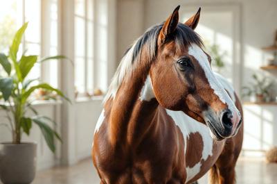 The primary subject of the image is a brown and white horse standing in a room. The horse is the main focus of the image, and it appears to be looking at the camera. The setting is indoors, with a window visible in the background. The visual style of the image is a photo, capturing the horse in its natural environment. The colors and mood of the image are warm and inviting, with the horse's brown and white coat creating a sense of harmony and balance.