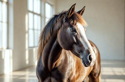 The primary subject of the image is a brown horse with a white stripe on its face. The horse is standing in a room with a window, and it appears to be looking at the camera. The setting is indoors, and the visual style is a close-up of the horse's face. The colors in the image are predominantly brown and white, creating a warm and natural atmosphere.