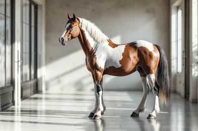 Primary subject: A brown and white horse standing in a room.

Setting/background: The horse is standing in a room with a white wall.

Visual style: The image is a photo of the horse.

Colors and mood: The horse has a brown and white coat, and the overall atmosphere is calm and serene.