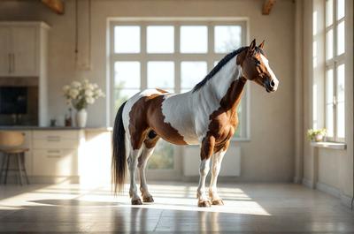 The primary subject of the image is a brown and white horse standing in a room. The horse is positioned in the center of the room, and it appears to be looking at the camera. The setting is a room with a window, and the visual style is a photo. The colors in the image are predominantly brown and white, giving the scene a warm and natural atmosphere.