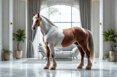 The primary subject of the image is a brown and white horse standing in a room. The horse is positioned in the center of the scene, and it appears to be the main focus of the image. The setting includes a couch and a potted plant, which are located in the background. The visual style of the image is a photo, capturing the horse in its natural environment. The colors in the image are predominantly brown and white, giving the scene a warm and natural atmosphere.