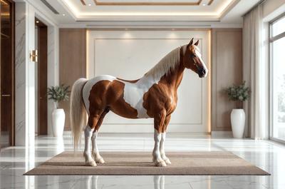 Primary subject: A brown and white horse standing in a room.

Setting/background: The horse is standing in a room with a white wall and a carpeted floor.

Visual style: The image is a photo of the horse.

Colors and mood: The horse has a brown and white coat, and the room has a clean and organized appearance.