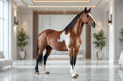 The primary subject of the image is a brown and white horse standing in a room. The horse is positioned in the center of the room, and it appears to be the main focus of the image. The setting is indoors, with a door visible in the background. The visual style of the image is a photo, capturing the horse in its natural environment. The colors in the image are predominantly brown and white, giving the scene a warm and natural atmosphere.