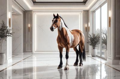 The primary subject of the image is a brown and white horse standing in a large, empty room. The setting is a marble-floored room with a white wall, giving the scene a clean and elegant appearance. The visual style of the image is a photo, capturing the horse in its natural environment. The colors in the image are predominantly white and brown, creating a warm and inviting atmosphere.