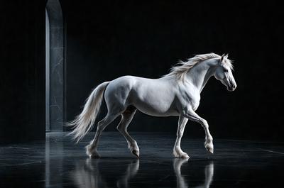 Primary subject: A white horse with a flowing mane.

Setting/background: A dark room with a stone wall.

Visual style: A black and white photo.

Colors and mood: The image is black and white, giving it a classic and timeless feel. The horse's white fur stands out against the dark background, creating a striking contrast. The overall atmosphere is elegant and graceful, as the horse gracefully moves across the room.