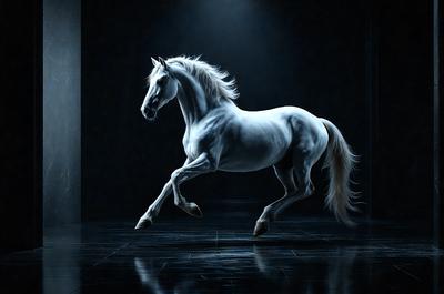 Primary subject: A white horse with a flowing mane.

Setting/background: A dark room with a black background.

Visual style: Digital art.

Colors and mood: The horse is the main focus, and its white color contrasts with the dark background, creating a dramatic and striking image.