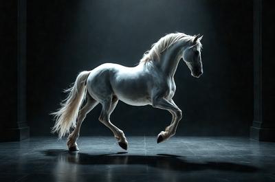 The primary subject of the image is a white horse, which is the main focus of the scene. The horse is captured in motion, running across a black and white background. The visual style of the image is a photo, showcasing the horse's grace and beauty. The colors in the image are predominantly black and white, creating a dramatic and timeless atmosphere.