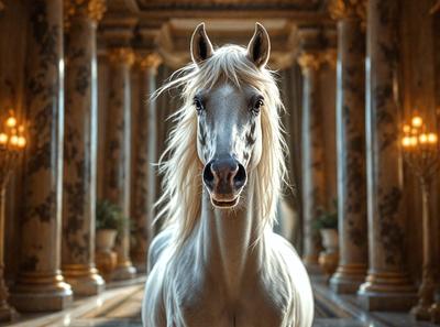 The primary subject of the image is a white horse with blonde hair. The horse is standing in a hallway, which serves as the setting for the scene. The visual style of the image is a photo, capturing the horse in its natural environment. The colors and mood of the image are predominantly white, giving it a clean and serene atmosphere.