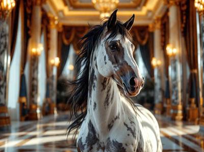 Primary subject: A horse with a black mane standing in a room.

Setting/background: The horse is standing in a room with a marble floor, and there are chairs and a couch in the background.

Visual style: The image is a photo of the horse in the room.

Colors and mood: The horse has a black and white coat, and the room has a gold and white color scheme, giving it an elegant and luxurious atmosphere.
