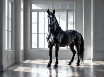 Primary subject: A black horse standing in a room.

Setting/background: The horse is standing in a room with a window in the background. The room appears to be empty and white.

Visual style: The image is a digital art or illustration of a horse.

Colors and mood: The image is in black and white, giving it a classic and timeless feel. The horse's black color contrasts with the white room, creating a sense of elegance and sophistication.