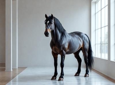 Primary subject: A horse standing in a room.

Setting/background: The horse is standing in a room with a white wall.

Visual style: The image is a black and white photo.

Colors and mood: The image has a monochromatic color scheme, giving it a classic and timeless feel.