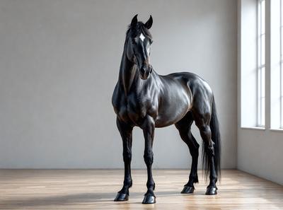 The primary subject of the image is a black horse standing on a wooden floor. The horse is positioned in the center of the scene, and its head is turned to the side. The setting appears to be a room with a wall behind the horse. The visual style of the image is a photo, capturing the horse in its natural environment. The colors in the image are predominantly black and brown, creating a somewhat moody atmosphere.