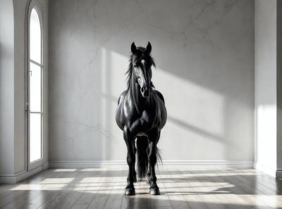 Primary subject: A black horse standing in a room.

Setting/background: The horse is standing in a room with a white wall and a window.

Visual style: The image is a digital art or illustration of a horse.

Colors and mood: The image has a black and white color scheme, giving it a classic and timeless feel.