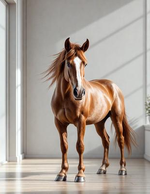 Primary subject: A brown horse with a white face.

Setting/background: The horse is standing in a room with a white wall.

Visual style: The image is a digital art or illustration of the horse.

Colors and mood: The horse has a brown body with a white face, and the overall atmosphere is calm and serene.