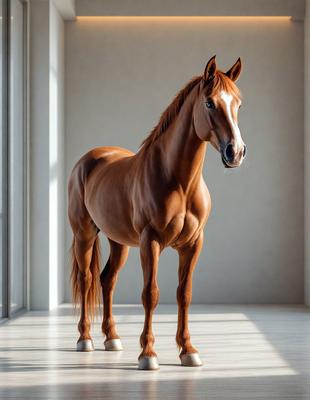 Primary subject: A brown horse standing in a white room.

Setting/background: The horse is standing in a white room, which appears to be a studio or a room with a white wall.

Visual style: The image is a digital art or illustration of a brown horse.

Colors and mood: The dominant colors are white and brown, creating a calm and serene atmosphere.