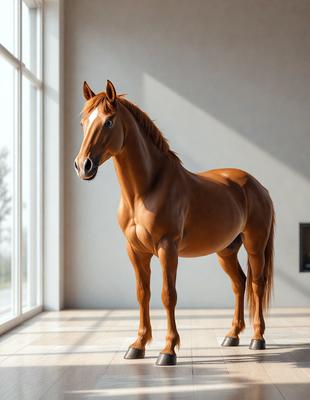 Primary subject: A brown horse standing in a room.

Setting/background: The horse is standing in a room with a white wall.

Visual style: The image is a digital art of a horse.

Colors and mood: The horse is brown, and the overall atmosphere is calm and serene.