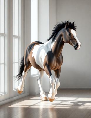 The primary subject of the image is a horse, which is the main object, scene, or focus of the image. The horse is standing in a white room, which serves as the setting or background. The visual style of the image is digital art, as it is a computer-generated representation of the horse. The horse is depicted in black and white, giving it a classic and timeless appearance. The overall atmosphere of the image is calm and serene, as the horse stands alone in the white room.