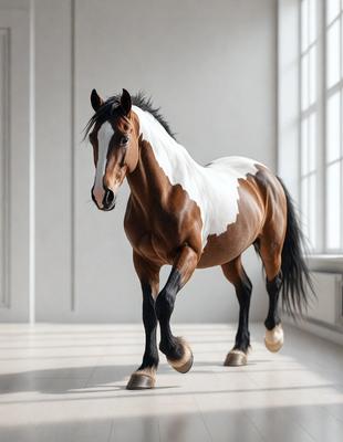 Primary subject: A brown and white horse with a black mane.

Setting/background: A white room with a window.

Visual style: A photo of the horse.

Colors and mood: The horse is brown and white, and the overall atmosphere is calm and serene.